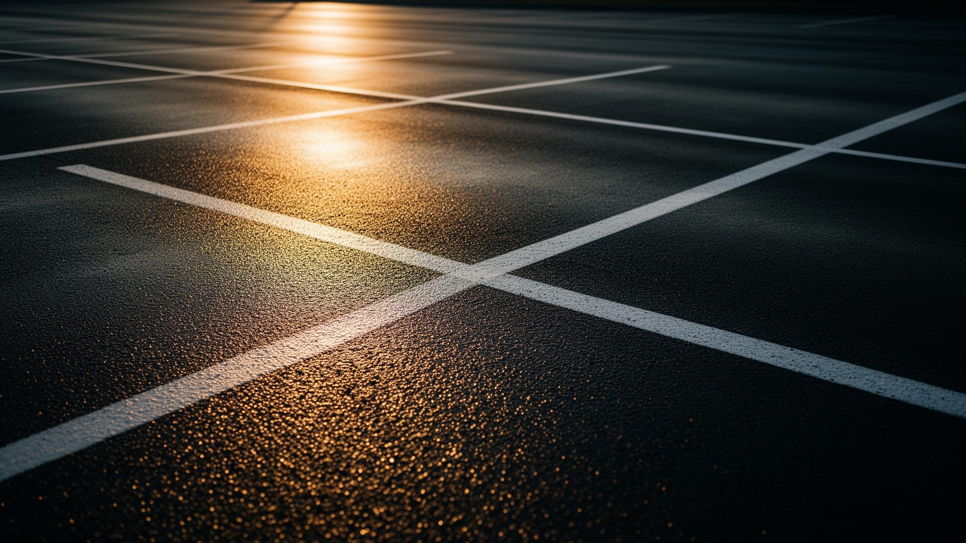 Freshly sealcoated asphalt parking lot at sunset