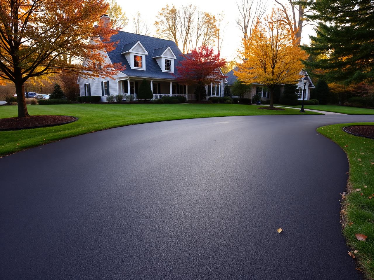 Newly paved residential driveway leading to a New England home